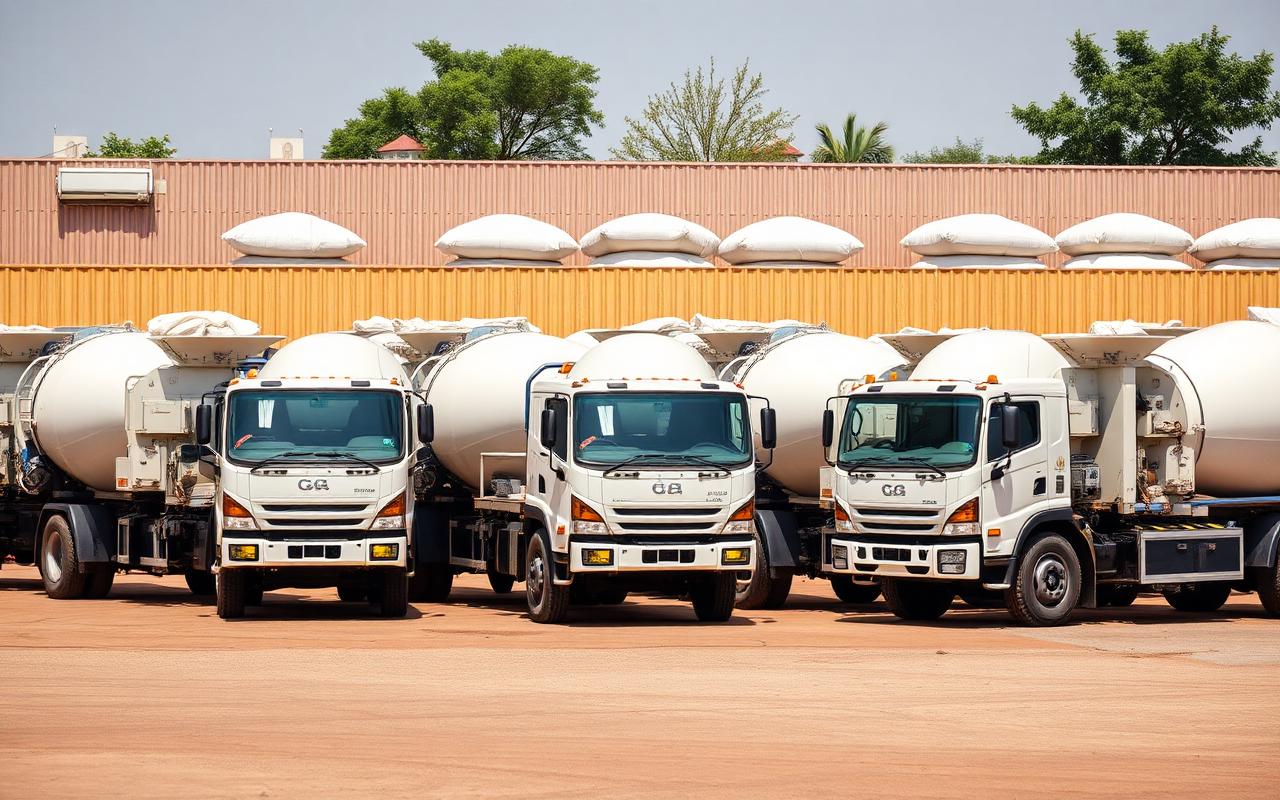 Delivery trucks loaded with cement bags at a distribution depot