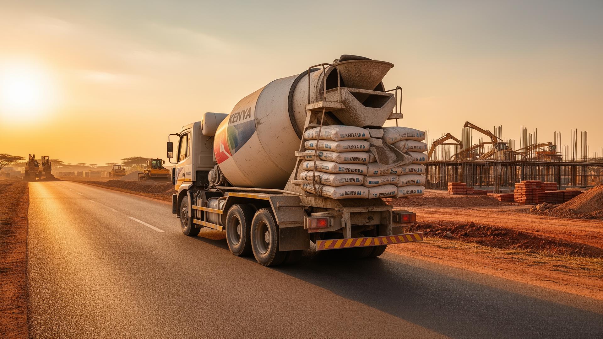 Mixer truck loaded with cement bags arriving at a construction site in Kenya
